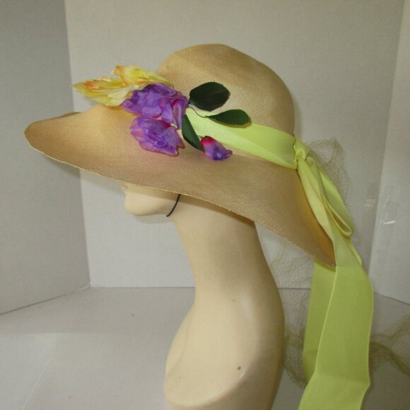 VTG 60's Wide Brim Natural Straw Hat wVeil Flowers Yellow Ribbon Bergdorf France - Picture 8 of 11
